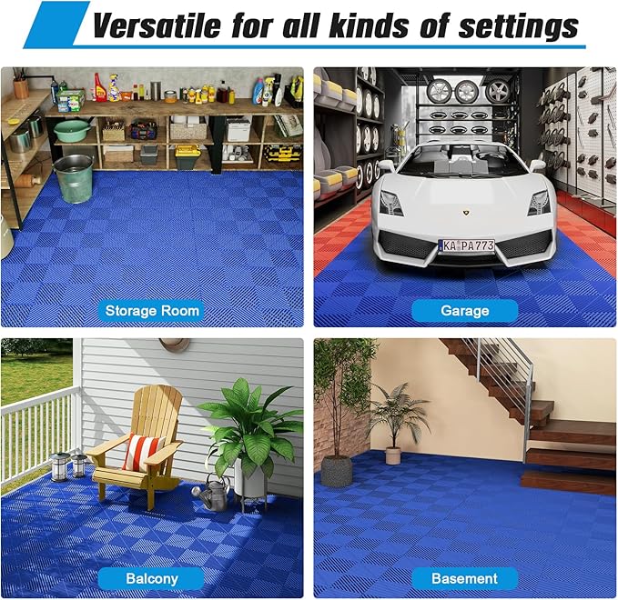 Jocoevol 12-Pcs Interlocking Tile, 12" x 12" Indoor/Outdoor Self-Drainage Interlocking Floor Tiles, Non-Slip Heavy-Duty Polypropylene Splicing Flooring Tile for Garage Patio Pool Bathroom, Blue