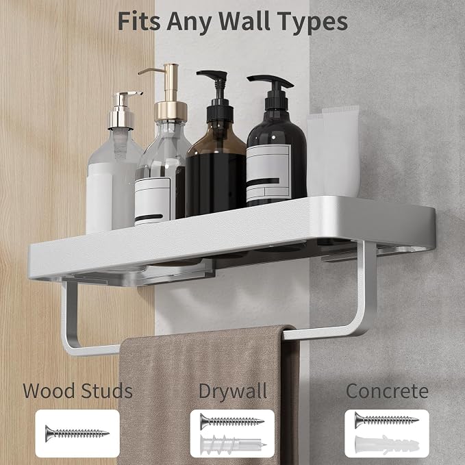 16 Inch Long Floating Bathroom Shelf with Towel Bar, Clear Tempered Glass Wall Shelf with Hand Towel Holder for Bathroom Storage Organizer, Matte Silver