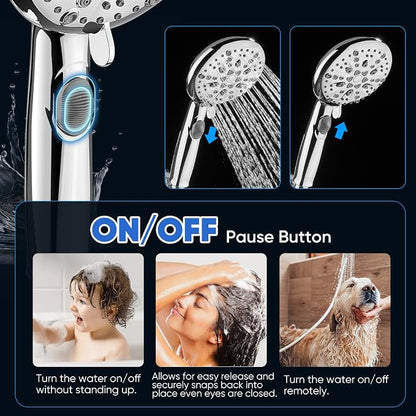 Cobbe 9 Spray Modes Handheld Shower Head, Water-Saving, Chrome | Power Rinse, 1-Click Pause & Flow Control, 6ft Stainless Steel Hose, Adjustable Brass Bracket