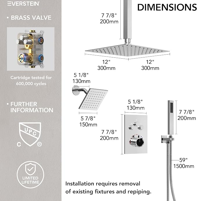 Ceiling Mount 12" High-Pressure Rainfall Shower Faucet, Dual Rainfall Shower Head System with Valve (Polished Chrome)