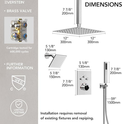 Ceiling Mount 12" High-Pressure Rainfall Shower Faucet, Dual Rainfall Shower Head System with Valve (Polished Chrome)