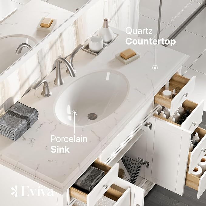 Modern Freestanding Bathroom Vanities - Solid Wood White 42 Inch Bathroom Sink Cabinet - Free-Standing Vanity Sinks for Bathrooms w/Brushed Nickel Knobs/Handles and Porcelain Vanity Sink