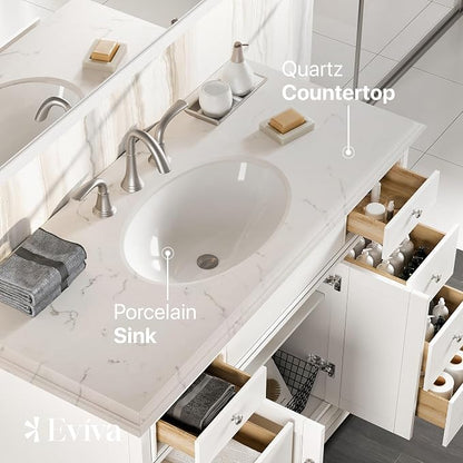 Modern Freestanding Bathroom Vanities - Solid Wood White 42 Inch Bathroom Sink Cabinet - Free-Standing Vanity Sinks for Bathrooms w/Brushed Nickel Knobs/Handles and Porcelain Vanity Sink