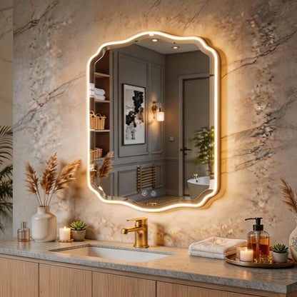 POZINO 30"x22" Scalloped LED Bathroom Mirror with Lights, Gold Metal Frame | Beveled Edge, 3 Color Dimmable, Anti-Fog, Memory Function, IP65 Waterproof, Smart Bathroom Vanity Mirror with Front Lights