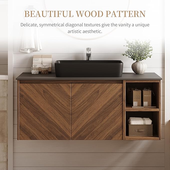 36 Inch Floating Vanity Bathroom with Single Sink, Wall-Mounted Floating Bathroom Cabinet with Sintered Stone Countertop & Black Ceramic Basin, Ample Storage and Open Shelves, Dark Wood