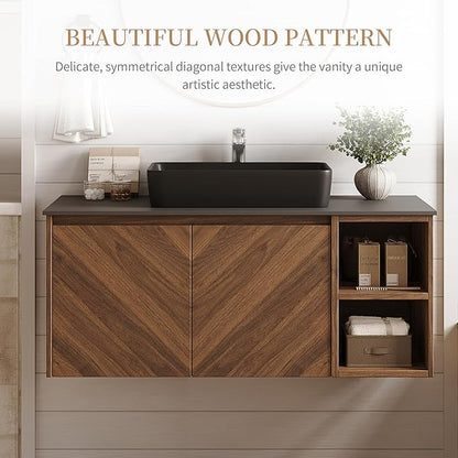 36 Inch Floating Vanity Bathroom with Single Sink, Wall-Mounted Floating Bathroom Cabinet with Sintered Stone Countertop & Black Ceramic Basin, Ample Storage and Open Shelves, Dark Wood
