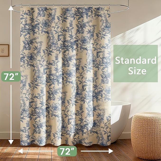Farmhouse Blue Floral Shower Curtain with 12 Clear Rings 72"W x 72"L | Boho Fabric Faux Linen Shower Curtain Set, Vintage Cottagecore Shower Curtain for Bathroom