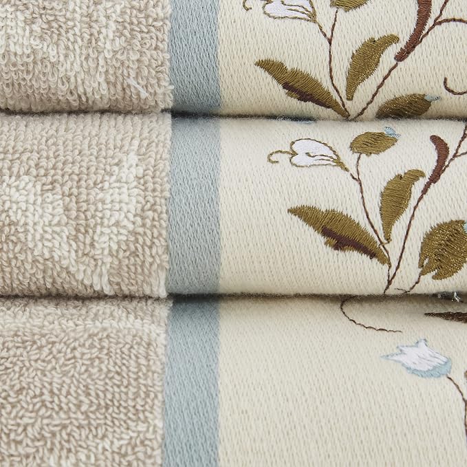 Madison Park Serene 100% Cotton Bath Towel Set Luxurious Floral Decorative Towels for Bathroom Embroidered Cotton Jacquard Design Soft Highly Absorbent for Shower 600 GSM, Multi-Sizes, Blue 6 Piece | Luxurious Floral Decorative Towels for Bathroom, Emb...
