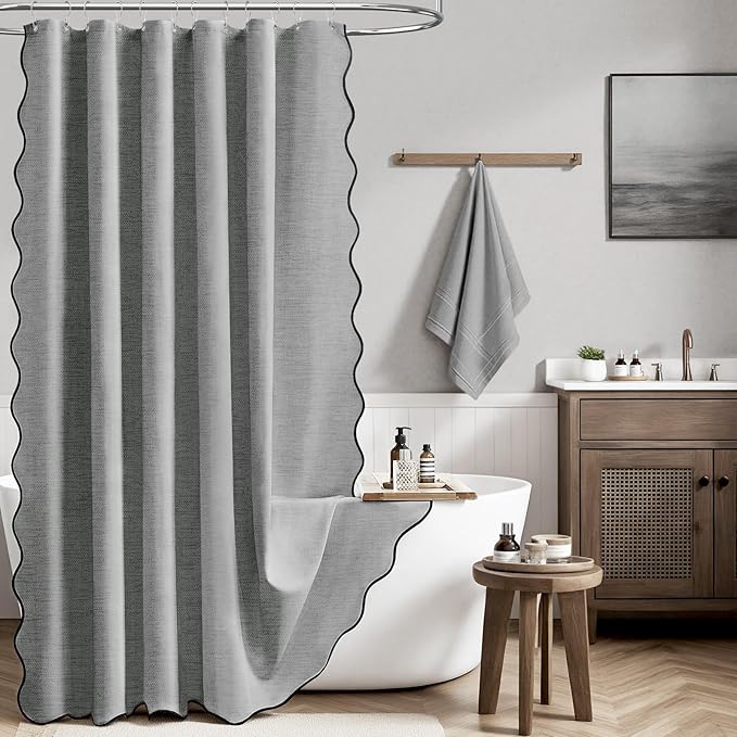 BTTN Long Shower Curtain, 80 Inch Boho Scalloped Linen Textured Heavy Duty Fabric Shower Curtain Set with 12 Hooks, Large Neutral Rustic Modern Waterproof Shower Curtains for Bathtub, 72×80, Grey/Gray