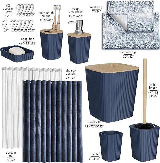 Clara Clark Bathroom Accessories Set - Bathroom Set, Bathroom Sets with Shower Curtain and Rugs, Shower Curtain Set with Bathroom Trash Can - Ombre Navy - 22PC | 22 Piece Ombre Navy Bathroom Accessories Set with Toothbrush Holder, Soap Dispenser, Soap ...