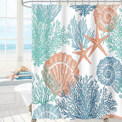 Extra Long Shower Curtain 72 x 84 Inch for Nautical Coastal Bathroom Decor, Tall Blue Orange Summer Tropical Seashell Starfish Coral Beach Ocean Themed Fabric Shower Curtains