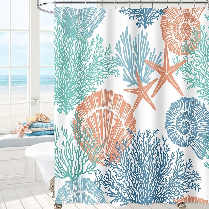 Extra Long Shower Curtain 72 x 96 Inch, Floor to Ceiling X-Long Tall Blue Orange Teal Nautical Coastal, Seashell Starfish Coral Beach Ocean Themed for Bathroom