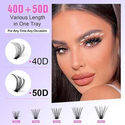 Lash Extension Kit Individual Lash Clusters Kit 40D 50D Eyelash Extension Kit 8-16mm Eyelash Clusters with Lash Bond and Seal, Lash Tweezers for Beginners (40D&50D, 0.07D, 8-16mm, Kit)