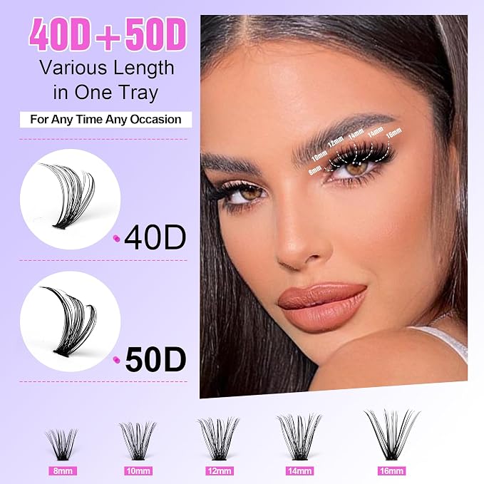 Lash Clusters 280pcs Cluster Eyelash Extensions 40D 50D Eyelash Clusters Lash Extension 8-16mm Individual Lashes for Self Application at Home (40D&50D, 0.07D, 8-16mm)