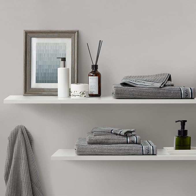 Nautica – Bathroom Towels, Washcloth, Bath & Hand Towel Set, Highly Absorbent Ribbed Terry Cotton, Set of 6, College Dorm Room Essentials (Signature Grey)