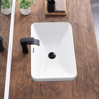 Bathroom Vessel Sink 21.6" X 14.3" Semi Recessed Bathroom Sink Rectangular Drop In Bathroom Sinks with Overflow White Ceramic Vessel Sinks for Bathroom Modern Above Counter Basin Vanity Sink
