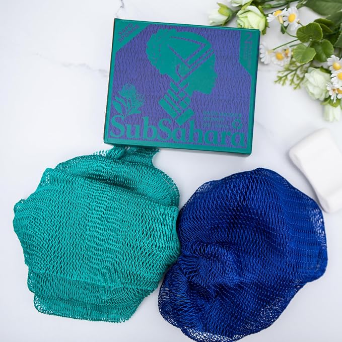 Authentic African Net Sponge,2 Pack 45-Inch Exfoliating Bath Sponge and Shower Loofah for Body and Back,Colorfast Quick-Dry Knotted Mesh Scrubber with Travel Pouch (Dark Blue & Forest Green)