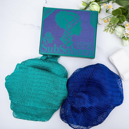 Authentic African Net Sponge,2 Pack 45-Inch Exfoliating Bath Sponge and Shower Loofah for Body and Back,Colorfast Quick-Dry Knotted Mesh Scrubber with Travel Pouch (Dark Blue & Forest Green)