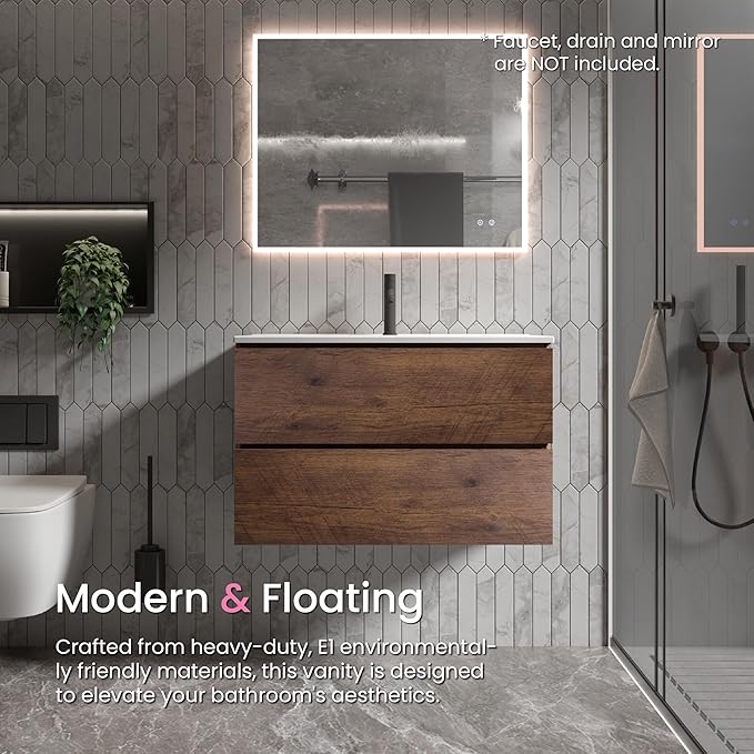 30" Bathroom Vanity with Sink, Modern Floating Vanity with Double Soft Closing Drawers, Large Storage for Small Space, Walnut, Fully Assembled - Iris Collection