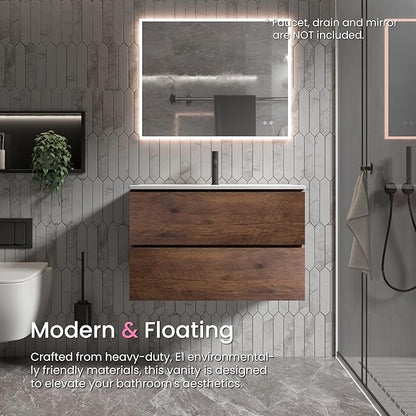 30" Bathroom Vanity with Sink, Modern Floating Vanity with Double Soft Closing Drawers, Large Storage for Small Space, Walnut, Fully Assembled - Iris Collection