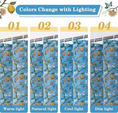 Blue Floral Bird Shower Curtain 72x72, Hummingbird and Lemon Botanical Fabric Bath Curtains, Lightweight Quick-Dry Bathroom Decor Set with Hooks
