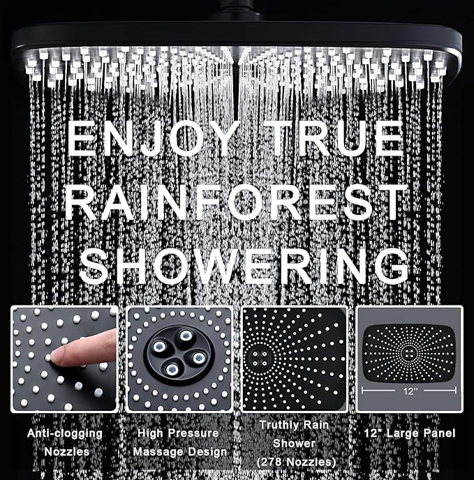 12" High Pressue Rain Shower Head with Handheld, 9 Sprays Hand Showerhead | Shower Heads with Handheld Spray Combo, Dual Head, Built-in Magnetic Docking, Power Jets, 59" Shower Hose, Black 1.8GPM