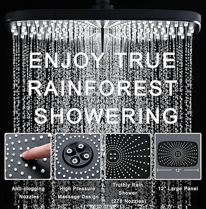 12" High Pressue Rain Shower Head with Handheld, 9 Sprays Hand Showerhead | Shower Heads with Handheld Spray Combo, Dual Head, Built-in Magnetic Docking, Power Jets, 59" Shower Hose, Black 1.8GPM
