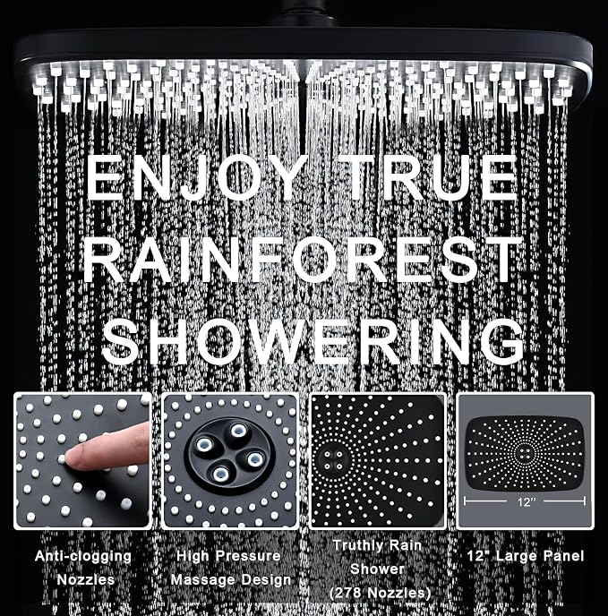 12" High Pressue Rain Shower Head with Handheld, 9 Sprays Hand Showerhead | Shower Heads with Handheld Spray Combo, Dual Head, Built-in Magnetic Docking, Power Jets, 59" Shower Hose, Black 1.75GPM