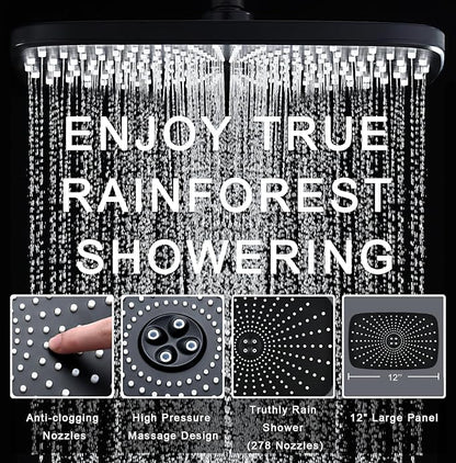 12" High Pressue Rain Shower Head with Handheld, 9 Sprays Hand Showerhead | Shower Heads with Handheld Spray Combo, Dual Head, Built-in Magnetic Docking, Power Jets, 59" Shower Hose, Black 1.75GPM