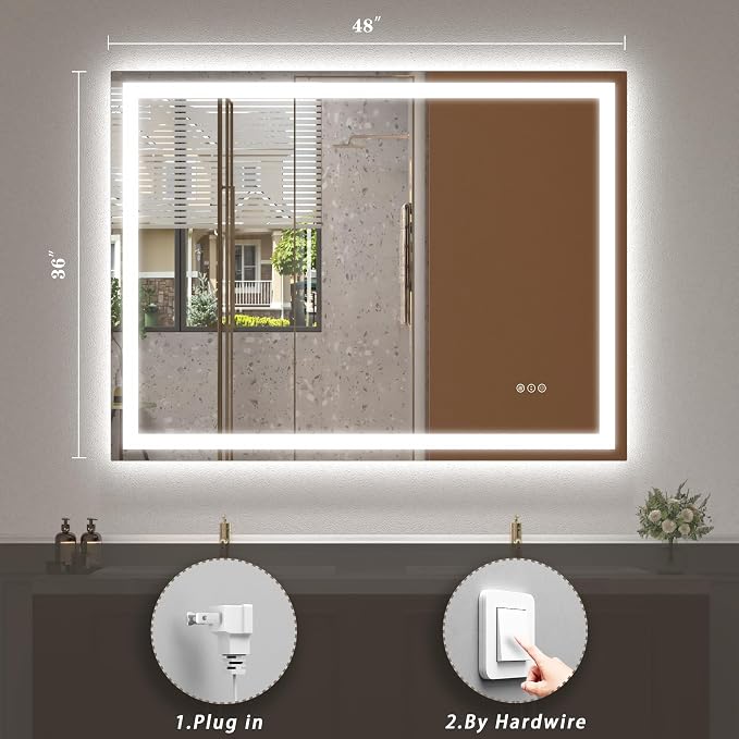 48x36 LED Lighted Bathroom Mirror for Vanity Wall | Front Light and Backlit, Anti-Fog, Memory, 3 Color, Tempered Glass, Dimmable, Rectangular, UL, Horizontal/ Vertical Mounted