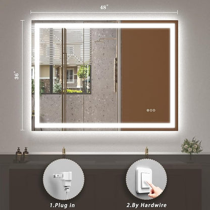 48x36 LED Lighted Bathroom Mirror for Vanity Wall | Front Light and Backlit, Anti-Fog, Memory, 3 Color, Tempered Glass, Dimmable, Rectangular, UL, Horizontal/ Vertical Mounted