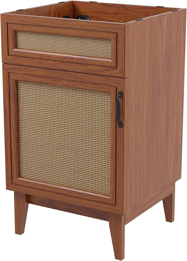 JONATHAN Y Javer Bohemian Rattan Freestanding Bath Vanity, 20", Walnut | 18" Deep, 33" High, Single Soft-Close Door, Caned Paneling, 2-Shelf Storage, Basin Not Included, Modern Farmhouse Style