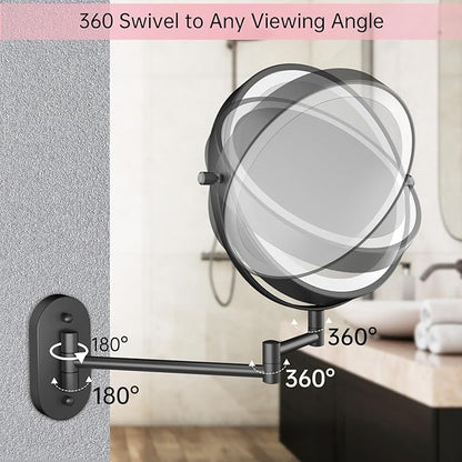FUNTOUCH 5000mAh Rechargeable Wall Mounted Lighted Makeup Mirror 1X30X | Double Sided 1X 30X Magnifying, 3 Color Lighting, Touch Dimming, Extended Arm 360 Rotation Light up Bathroom Mirror Black