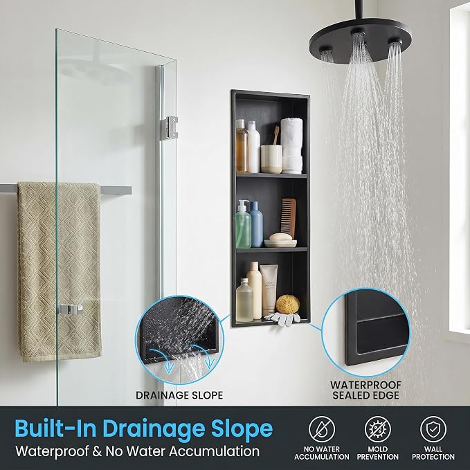 304 Stainless Steel Shower Niche 12” x 36” for Bathroom Storage | Matte Black Recessed Shower Niche No Tile Needed with 3-Tier Shelves