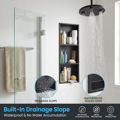 304 Stainless Steel Shower Niche 12” x 36” for Bathroom Storage | Matte Black Recessed Shower Niche No Tile Needed with 3-Tier Shelves