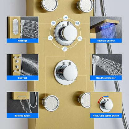 5-Jet LED Shower Panel Tower System Stainless Steel Brushed Gold | Rainfall head | 5 body jets | Handheld shower | LED lights | Brushed gold finish | Wall mount