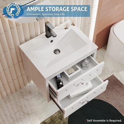 eclife 24" Floating Bathroom Vanity with Sink Combo, Modern Painted Wall-Mounted Vanities Storage Cabinet with Scalloped Decor, Undermount Basin, Faucet, Drain, White