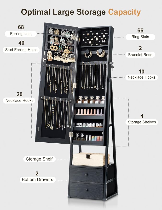 Nicetree Jewelry Cabinet Armoire, 2 Drawers, Full Length Mirror, Black | Standing Mirror Jewelry Cabinet, Lockable Jewelry Armoire with Mirror, Adjustable Angles, Easy Assembly, Gift Idea, HD Glass