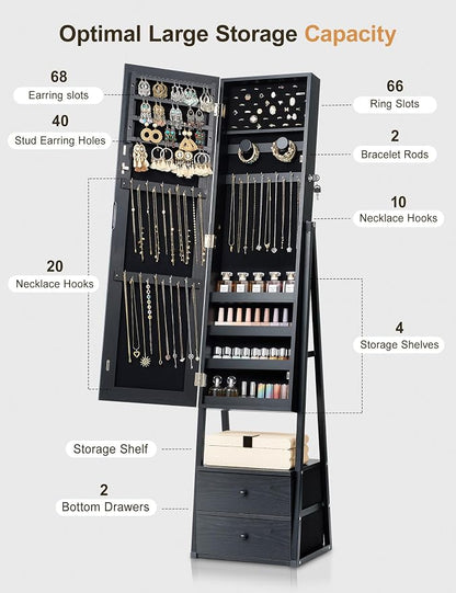 Nicetree Jewelry Cabinet Armoire, 2 Drawers, Full Length Mirror, Black | Standing Mirror Jewelry Cabinet, Lockable Jewelry Armoire with Mirror, Adjustable Angles, Easy Assembly, Gift Idea, HD Glass