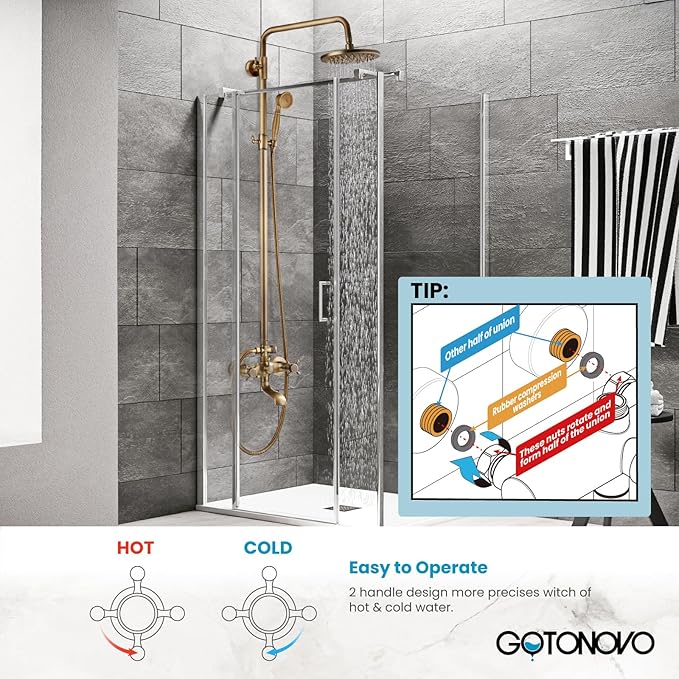 gotonovo Exposed Bathroom Shower Faucet Wall Mounted Shower System 8 Inch Shower Head and Tub Spout Double Cross Handles Adjustable Handheld Sprayer Straight Pipe Antique Brass