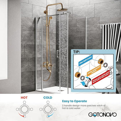 gotonovo Exposed Bathroom Shower Faucet Wall Mounted Shower System 8 Inch Shower Head and Tub Spout Double Cross Handles Adjustable Handheld Sprayer Straight Pipe Antique Brass