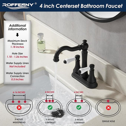 Porcelain 2-Handle Matte Black Bathroom Faucet 4 Inch Centerset | with Plastic Pop-up Drain, Classical Black Bath Lavatory Vanity Faucets for 2/3 Hole Sinks, High Arc 360° Swivel Brass Spout