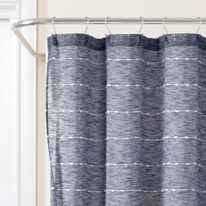 Lush Decor Farmhouse Textured Sheer Shower Curtain with Peva Liner 2 Piece Set 72" W x 72" L Navy - Blue Shower Curtain Set - Striped Bathroom Curtains