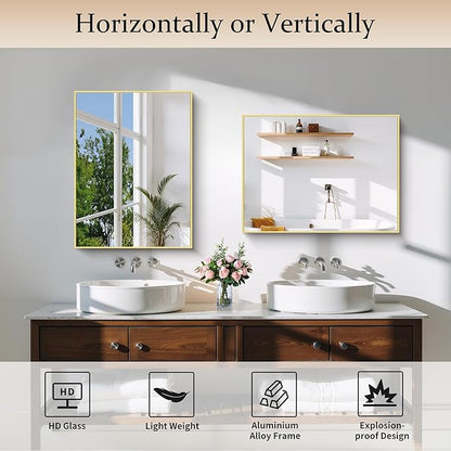 Gold Bathroom Mirror for Wall, 18x24 Inch Rectangle Mirror with Metal Frame, Modern Vanity Mirrors for Bathroom Living Room, Entryway Hangs Horizontal or Vertical