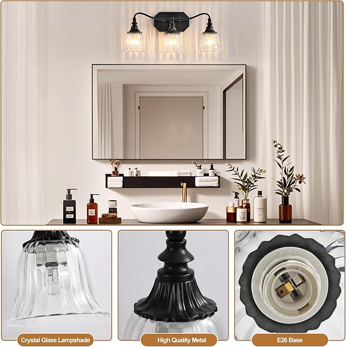Bathroom Vanity Black Vintage Light Fixture, 3 Lights Bathroom Lighting Matte Antique Brass Finish with Crystal Glass Shade, Black Vintage Vanity Light for Bathrooms