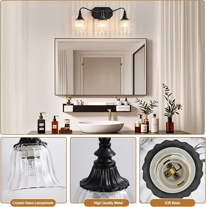 Bathroom Vanity Black Vintage Light Fixture, 3 Lights Bathroom Lighting Matte Antique Brass Finish with Crystal Glass Shade, Black Vintage Vanity Light for Bathrooms