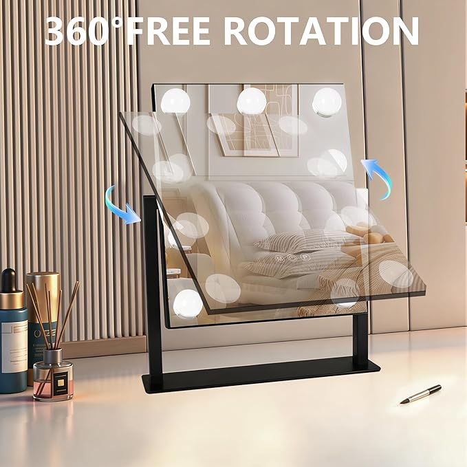 Moonee Black Vanity Mirror with Lights, Hollywood Lighted Makeup Mirror with 9 Dimmable Bulbs and 10X Magnification 360°Rotation, 3 Colors Modes, Light Up Mirror for Tabletop（12" x 14"）