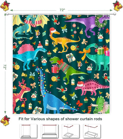 Shower Curtain Christmas, Green Kids Shower Curtain Santa's Hat Dinosaur Party Gift Box Cake Candy Jingling Bell String Light Xmas Theme Machine Wash Home Farmhouse Waterproof Decor Bathroom Curtain