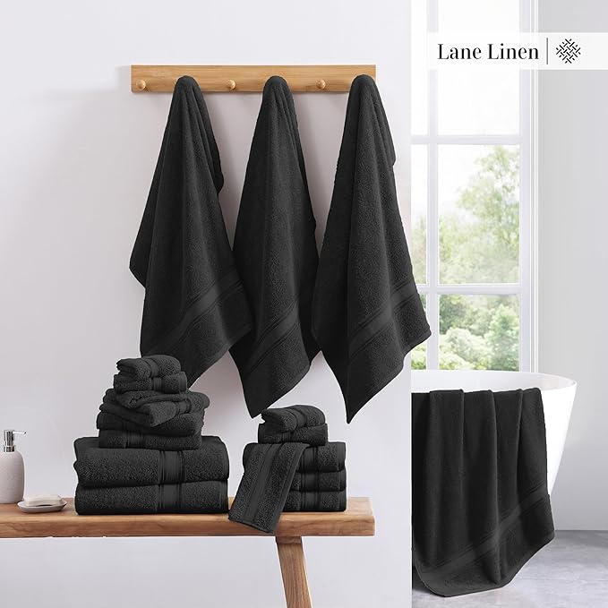 LANE LINEN Large Bath Towel Set Absorbent Quick Dry 100% Cotton - Black | Cotton Towels - Fade-Resistant Color, Classic Terry Weave, Densely Woven, Coordinated Colors, Everyday Durability