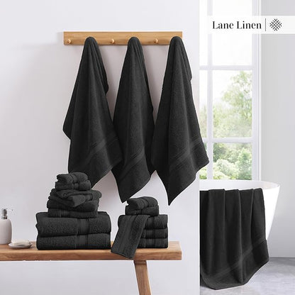 LANE LINEN Large Bath Towel Set Absorbent Quick Dry 100% Cotton - Black | Cotton Towels - Fade-Resistant Color, Classic Terry Weave, Densely Woven, Coordinated Colors, Everyday Durability